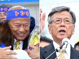 うるま市長選で当選した「チーム沖縄」の島袋俊夫氏（左）と、辺野古での集会で埋め立て承認撤回を明言する翁長知事