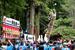 　諏訪大社の御柱祭で、氏子のかけ声に合わせて立てられる柱＝１６日午後、長野県下諏訪町