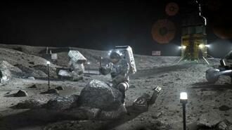 　米国のアルテミス計画で、月面に着陸した宇宙飛行士のイメージ図（ＮＡＳＡ提供）