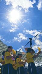 梅雨明けした青空の下、高校野球の応援をする生徒たち＝２０日午前、タピックスタジアム名護（竹尾智勇撮影）