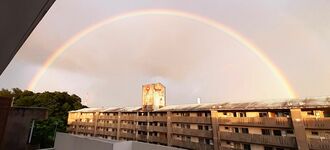 台風４号が沖縄本島から遠ざかった３日午後７時すぎ、那覇市の県営鳥堀団地上空には鮮やかな虹が見られた