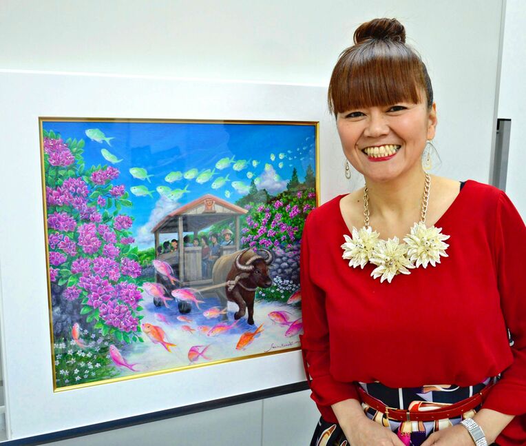 「描きたいものは沖縄の自然、生き物、光」と話すシーサー玉城さん