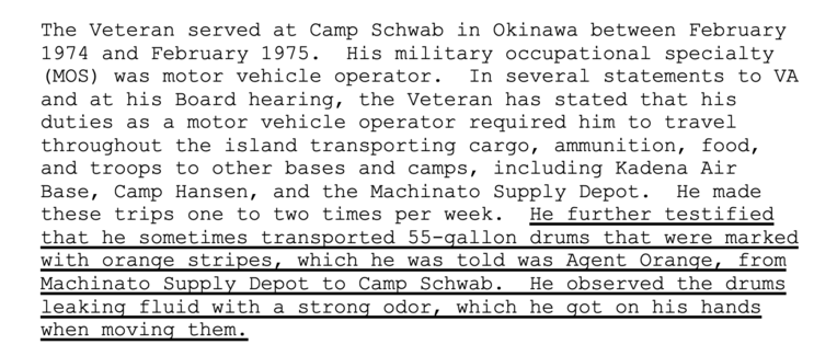 <div class="caption">Excerpt from the testimony of a former service member exposed to defoliants on Okinawa in the mid-1970s; the Board of Veterans’ Appeals is awarding him benefits for diabetes mellitus type II. (Board of Veterans’ Appeals)</div>