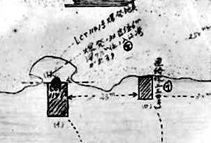 米軍資料に含まれていた現場見取り図。爆発したＬＣＴ（中央左）と連絡船が２５メートルしか離れていなかったことが読み取れる（県公文書館所蔵）