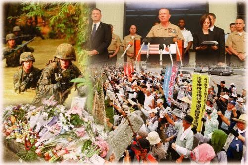 遺体遺棄事件後に会見するニコルソン中将（右上）、嘉手納基地ゲート前での抗議集会（右下）、北部訓練場での米海兵隊の訓練（左上）、事件の現場近くに供えられた花束やメッセージ（左下）のコラージュ