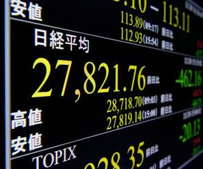 　２万８０００円を割り込んだ日経平均株価終値を示すモニター＝３０日午後、東京・東新橋