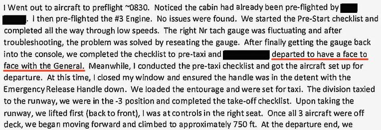 調査報告書には飛行前点検中、機長が将官と直接話すために操縦席を離れたという副操縦士の証言がある（米情報公開法で米海兵隊から入手）
