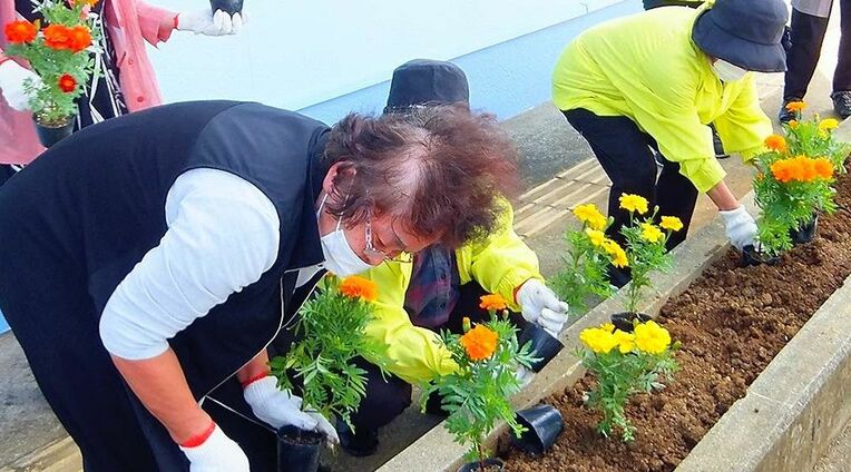 糸満市商工会の花壇に花を植える女性部員ら＝同市糸満（提供）