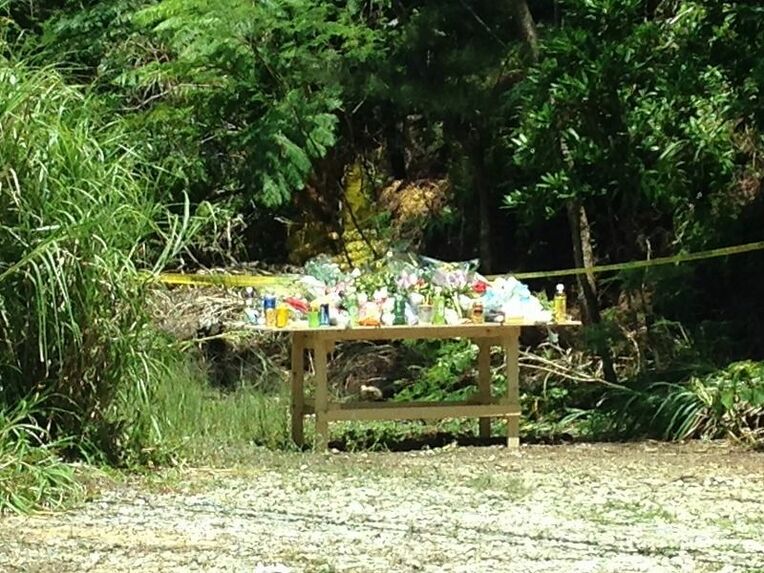 被害者の遺体発見現場には多くの花や飲み物がささげられた（２０１６年）