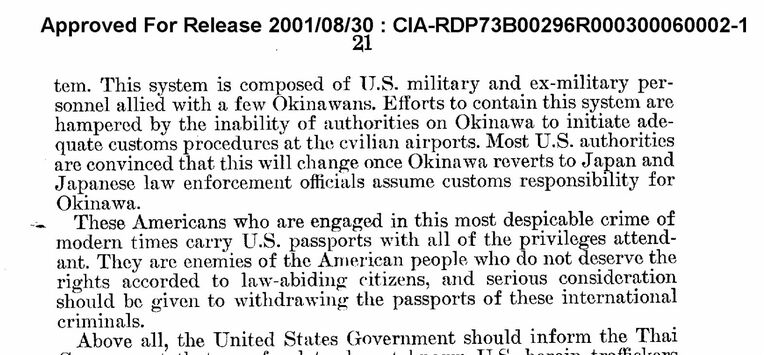 <div class="caption">This excerpt from “The World Heroin Problem” (1971) describes the Okinawa System whereby current and ex-military members "allied with a few Okinawans" smuggled heroin from Thailand via the island to the United States.</div>