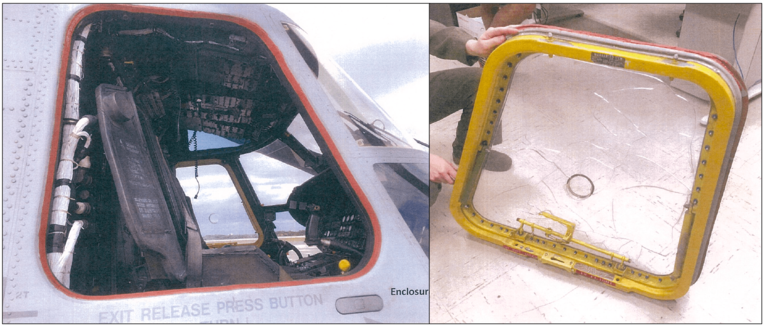 <div class="caption">(Left) The CH-53E Super Stallion helicopter missing its window. (Right) The fallen window is inspected after its return by Japanese authorities from Futenma Dai 2 Elementary School. (USMC via FOIA)</div>
