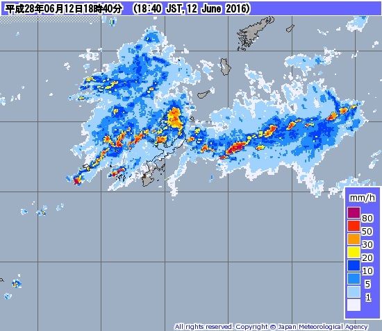 12日午後6時40分現在の沖縄本島の降水強度（気象庁HPより）