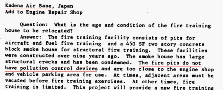 嘉手納基地の消火訓練場について、全般に汚染防止装置はなかったと記されている（赤字部分）＝１９８５年作成の米下院軍事委員会報告書から