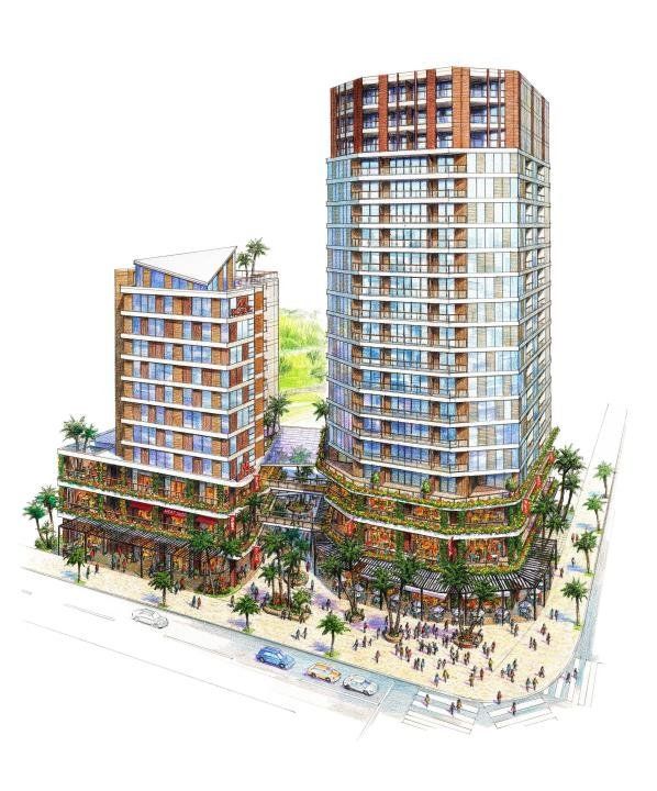 再開発の施設完成イメージ図。商業・住居棟（右）とホテル棟の間には緑ヶ丘公園に続くガレリアが整備される（提供）
