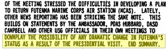 １９９６年３月１９日付で在日米大使館が国務長官に送った文書。「大統領が訪日しても普天間飛行場の地位が劇的に代わる可能性は少ない」との見解を伝えている（山本章子氏提供）