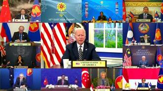 　２７日、オンライン形式の東アジアサミットで話すバイデン米大統領（ブルネイ政府提供・ＡＰ＝共同）