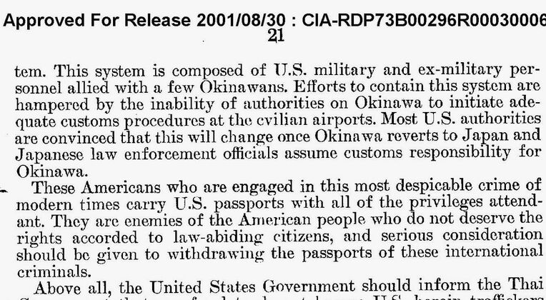 米軍人や退役軍人が少数の沖縄人と結託し、タイから沖縄を経由して米国にヘロインを密輸した「沖縄システム」を説明する文書＝「世界のヘロイン問題」（米下院外交委員会）から
